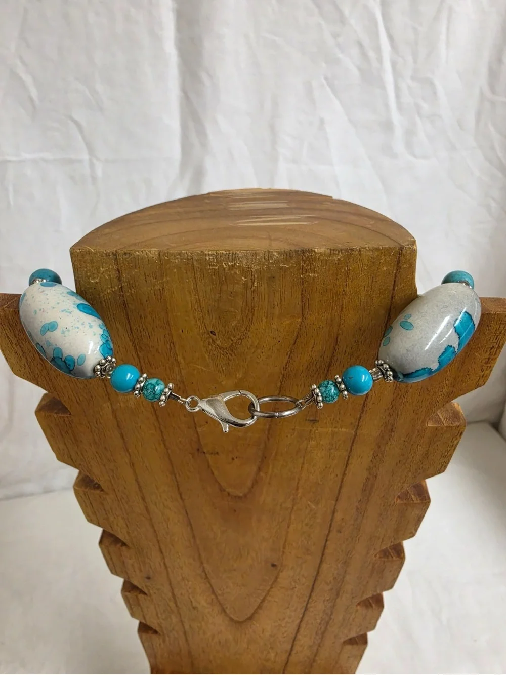 Handmade Turquoise White Beaded Necklace Silver Tone Boho Statement New
